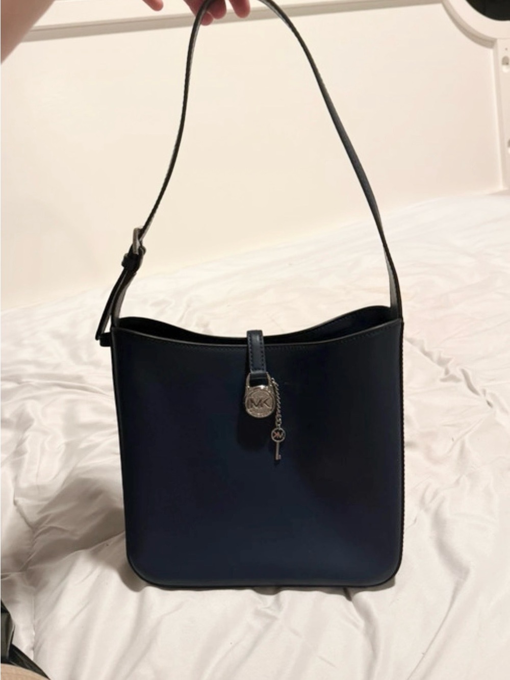 Michael Kors Dark Navy Leather Shoulder Tote with MK Charm